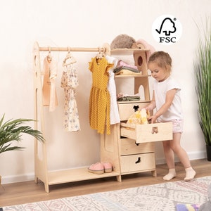 Montessori Wardrobe with Hiden Storage Drawers and Nursery Shelves for Baby Clothes, Plywood Furniture Coat Rack With Shelf, Christmas Gifts