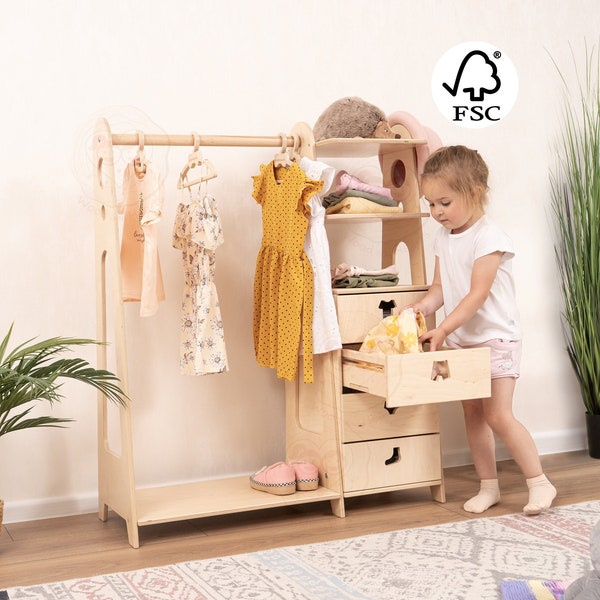 Montessori Kleiderschrank mit versteckten Schubladen und Kinderzimmerregalen für Babykleidung, Sperrholzmöbelgarderobe mit Regal, Weihnachtsgeschenken