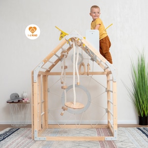 56x43" Up to 6 Years Montessori Climber Playhouse with Waldorf Baby Swing, Gymnastics Rings & Toddler Climber Rope, Handmade Furniture Gift