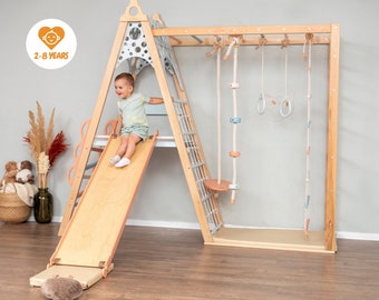 78x90" Up to 8 Years Circle Teepee Montessori Climber Toddler Tower with 2-Sided Wobble Board, Waldorf Rope Accessories & 2 Optional Playmat