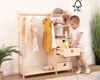 Montessori Kleiderschrank mit versteckten Schubladen und Kinderzimmerregalen für Babykleidung, Sperrholzmöbelgarderobe mit Regal, Weihnachtsgeschenken