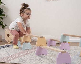 Baby Mobile Set of 3 Balance Beam Waldorf Toys, 2 Wooden Balance Beam Options, Toddler Climber Montessori Furniture, Home Gym Child Gift