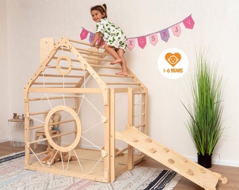 Mobile Kleinkind-Kletterhalle für bis zu 6 Kindergartenkinder mit Kletterrampe und optionalem Waldorf-Seilzubehör oder weicher Spielmatte als Geschenk für Kinder