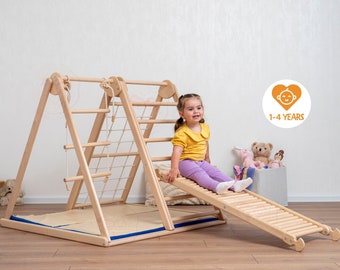 41х37″ Up to 4 Years Small Scandinavian Climbing Triangle Complex with Massager Wobble Board, Waldorf Ladder or Baby Swing and Baby Play Mat