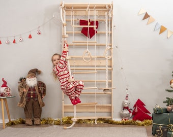 Swedish ladder kids with rope accessories, Swedish Christmas, Climbing wall for kids, Playroom furniture