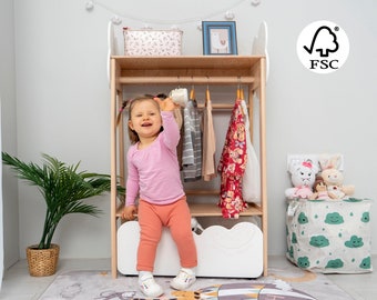 2in1 Gift For Kid Bundle: Montessori Wardrobe & Waldorf Drawer for Baby Clothes, Kids Furniture Cloud Clothing Rack with Hidden Storage