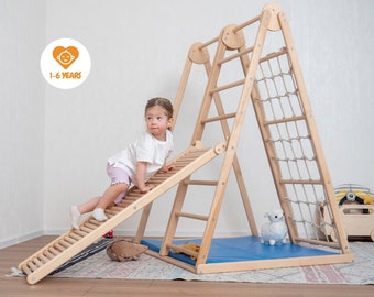 55x40" Large Triangle Climber Scandinavian 3in1 Toddler Gym Set - Montessori Climber Triangle, Waldorf Massager Ramp & Baby Play Mat