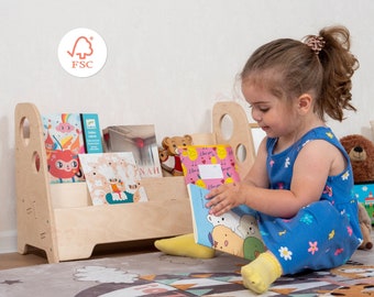 Montessori Wooden floor bookcase for toddlers by Woodandhearts, kid's low bookshelf, wooden organizer