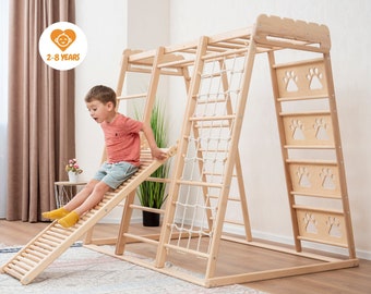 60х57″ Up to 8 Years Gift for Kid Scandinavian Jungle Gym "Kitty" with Massager Montessori Board Ramp & Soft Baby Play Mat, Waldorf Home Gym