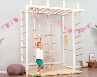 88x78" Large Swedish Ladder Bundle: Waldorf Playmat, Monkey Bars, Indoor Swing, Gymnastics Ladder, Montessori Climbing Wall Net, Baby Gym