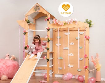 88x70" Wooden Indoor Playground for Girls, Montessori Play Gym with Slide & Play Mats, Kids Furniture Home Gym