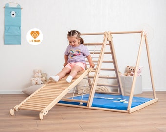 41х37″ Up to 4 Years 3in1 Scandinavian Baby Gym: Climbing Triangle with Rope Net, Wobble Board Ramp, Baby Play Mat, Waldorf Educational Toys