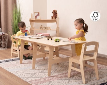 Breed Montessori-schrijfbureau voor peuters, handgemaakt meubilair kinderkamer Waldorf voorschoolse tafel, kinderkamer decor groot houten bureau, kerstcadeaus