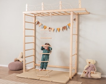 88x78" Montessori Climbing Swedish Ladder for Your Little Explorer, Large Wall Ladder with Climbing Net and Accessories, Kids Gym