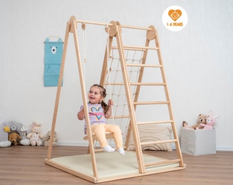 55x40" Large Scandinavian Triangle Climber Complex with Montessori Toddler Rope Accessory and Baby Play Mat Waldorf Soft Play Equipment