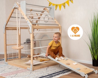 56x43" Up to 6 Years Baby Mobile Unique Montessori Play Gym Bundle: Toddler Gym Playhouse, Rock Climbing Wooden Slide & Baby Swing, Playmat