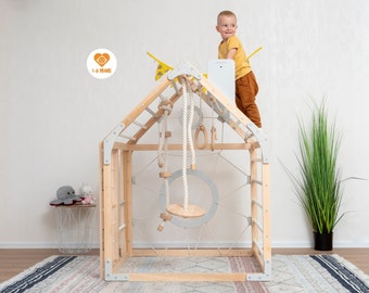 56x43" Up to 6 Years Montessori Climber Playhouse with Waldorf Baby Swing, Gymnastics Rings & Toddler Climber Rope, Handmade Furniture Gift