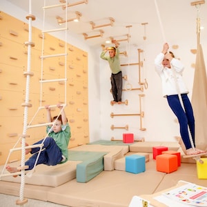 Wooden Indoor Climbing System for Kids – 8-in-1 Play Gym with Climbing Wall, Monkey Bars, Rope Ladder, Rings & Swing
