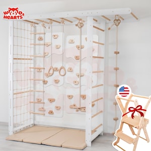 90x90&quot; Kids Swedish Ladder, Montessori Climbing Wall for Toddler, Indoor Climbing Gym, Monkey Bars, Indoor Swing by WoodandHearts