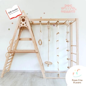 78x90&quot; Up to 8 Years Climbing Triangle Circle Teepee Playhouse with Montessori Climber Ladder & Optional Gymnastics Waldorf Accessories