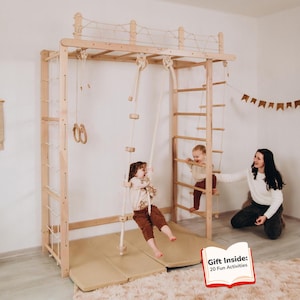 88x78&quot; Montessori Climbing Swedish Ladder for Your Little Explorer, Large Wall Ladder with Climbing Net and Accessories, Kids Gym