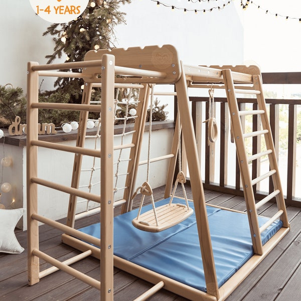 55х42″ Up to 4 Years Wooden Gym, Scandinavian Play Complex: Rocking Ramp, Climbing Rope, Monkey Bars, Gymnastic rings, Kids Swing, Play Mat