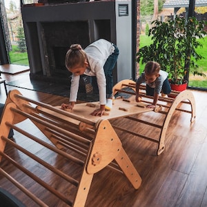 Set of three Climbing RampArchFoldable Triangle Indoor playground WoodandHearts Triangle with ramp Montessori toddler Climbing furniture image 2