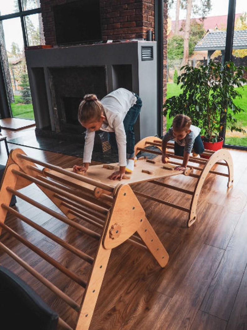 Set of three Climbing RampArchFoldable Triangle Indoor playground WoodandHearts Triangle with ramp Montessori toddler Climbing furniture image 2