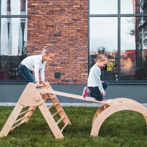 Set of three Climbing RampArchFoldable Triangle Indoor playground WoodandHearts Triangle with ramp Montessori toddler Climbing furniture image 4