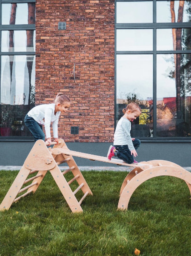 Set of three Climbing RampArchFoldable Triangle Indoor playground WoodandHearts Triangle with ramp Montessori toddler Climbing furniture image 4