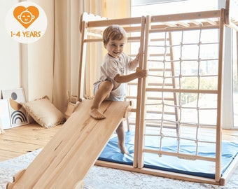 Cute Baby Boy Playing Playground Climbing Rope Spider Web Children