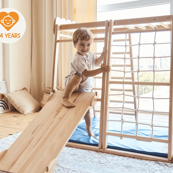 41х42″ Up to 4 Years Indoor Jungle Gym, Scandinavian Climber, Rope Wall Net, Climbing Ramp, Mat, Woodandhearts Play Set, Toddlers Playground