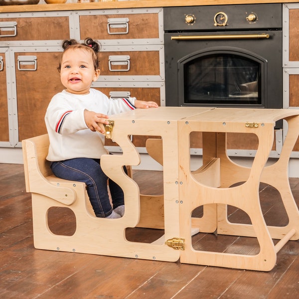 Schritt Hocker mit Lehne Montessori Turm Kindertisch Lernstuhl Aktivitätsturm Küchenturm Lernhocker Holz Tritthocker