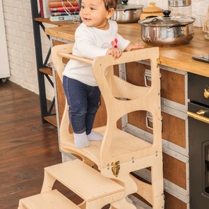 Step stool with back Montessori tower Children table Learning chair Activity tower Kitchen tower Learning stool Wooden step stool image 6