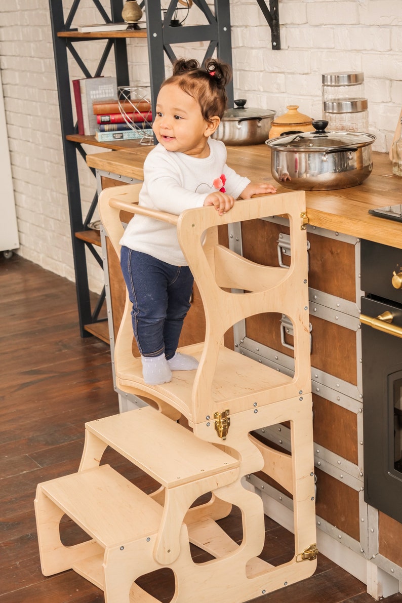 Step stool with back Montessori tower Children table Learning chair Activity tower Kitchen tower Learning stool Wooden step stool image 6