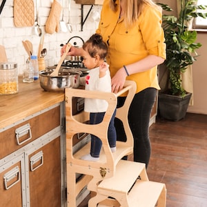Step stool with back Montessori tower Children table Learning chair Activity tower Kitchen tower Learning stool Wooden step stool image 7
