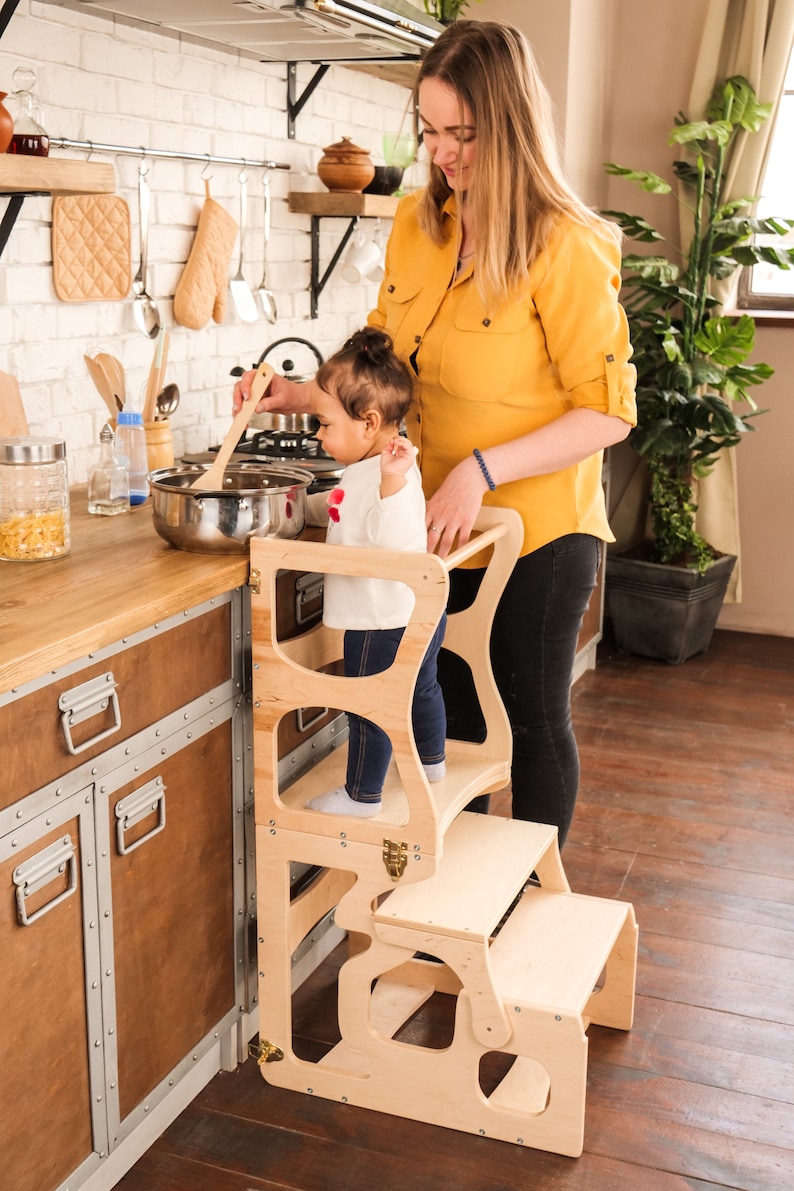 Step stool with back Montessori tower Children table Learning chair Activity tower Kitchen tower Learning stool Wooden step stool image 7