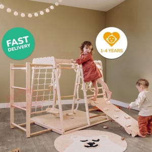 Binnenspeeltuin, jungle-gym, peuterklimmer, Zweedse ladder, touwaccessoires, houten glijbaan voor kinderen, softplay, 55х42″ tot 4 jaar