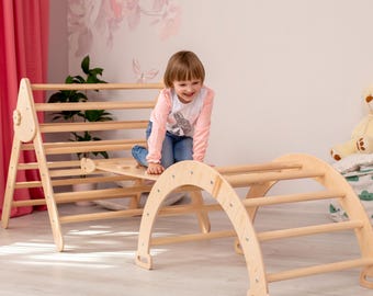 Montessori Wood Climbing Set, Toddler Furniture, Arch, Triangle, Slide, Indoor Play Gym