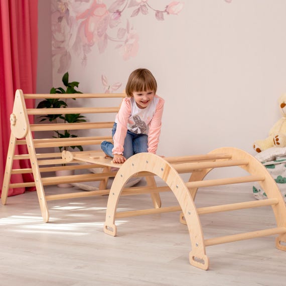 Montessori Wood Climbing Set, Toddler Furniture, Arch, Triangle, Slide, Indoor Play Gym