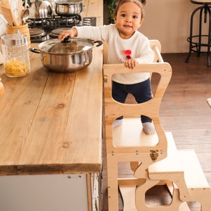 Step stool with back Montessori tower Children table Learning chair Activity tower Kitchen tower Learning stool Wooden step stool image 5