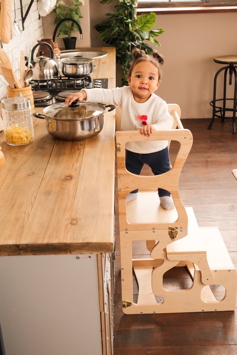 Step stool with back Montessori tower Children table Learning chair Activity tower Kitchen tower Learning stool Wooden step stool image 5