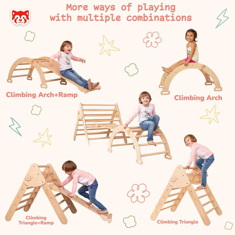 Montessori Wood Climbing Set, Toddler Furniture, Arch, Triangle, Slide, Indoor Play Gym bild 6