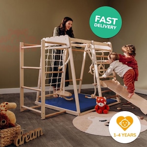 55х42″ (tot 4 jaar) Scandinavisch speelcomplex voor peuters: Zweedse ladder, babyschommel, houten glijbaan, speelkleed, binnenspeeltuin
