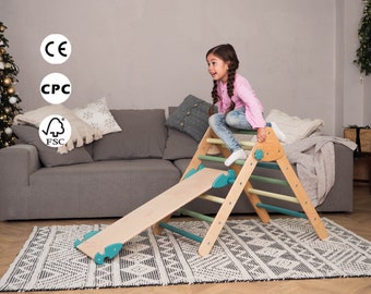 Climbing triangle with slide, Montessori climber, Wooden gym, Montessori furniture, Indoor playground, Toddler climber