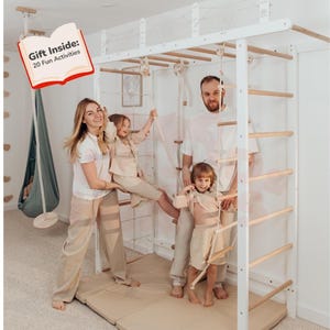 88x78&quot; Large Swedish Ladder Bundle: Waldorf Playmat, Monkey Bars, Indoor Swing, Gymnastics Ladder, Montessori Climbing Wall Net, Baby Gym