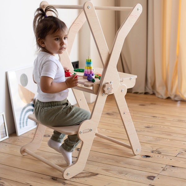 Montessori tower with table, Foldable baby kitchen chair, Helper tower, Step stool, Montessori stool, Learning stool by Woodandhearts