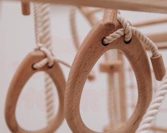 Kids Gymnastic Rings for Indoor Climbing Gym, Montessori Wooden Rings for Swedish Ladder & Monkey Bars, Active Play Accessory for Kids