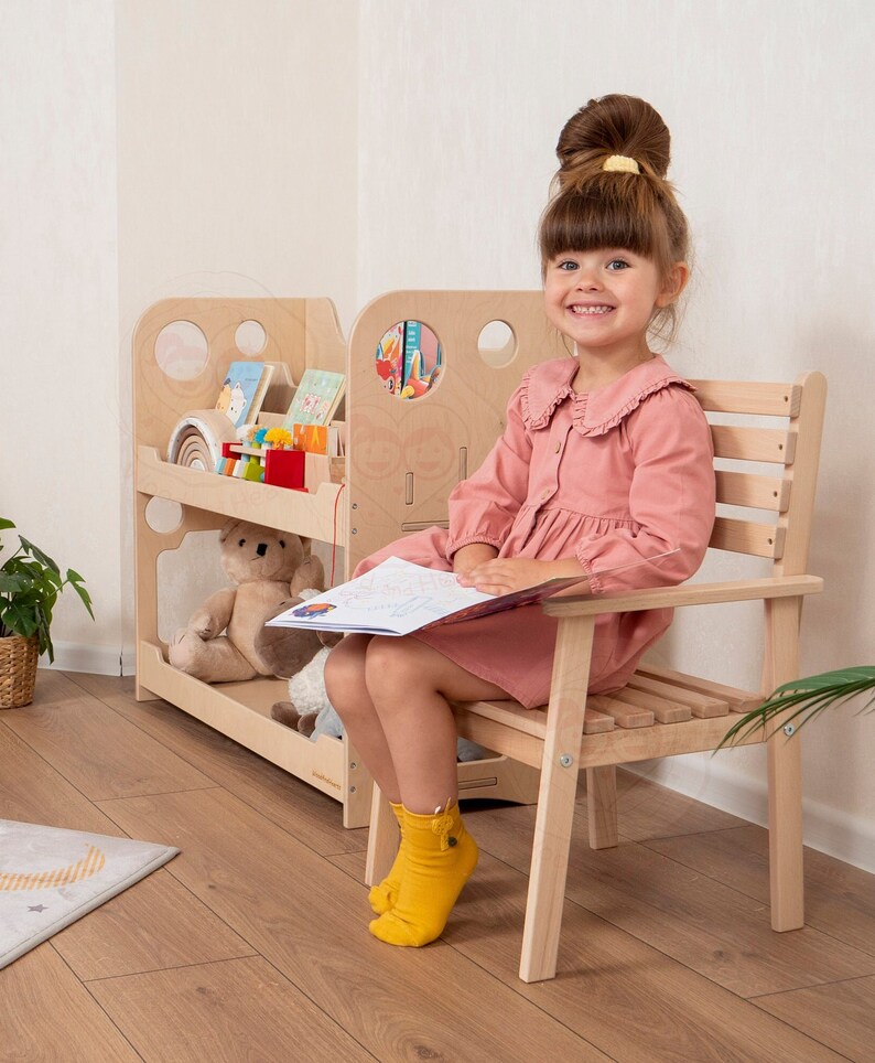 Waldorf Solid Wood Kids Chair with Backrest, Montessori Toddler Hocker Nursery Decor, Handmade Furniture Lounge Wood Stool Child Gift zdjęcie 2