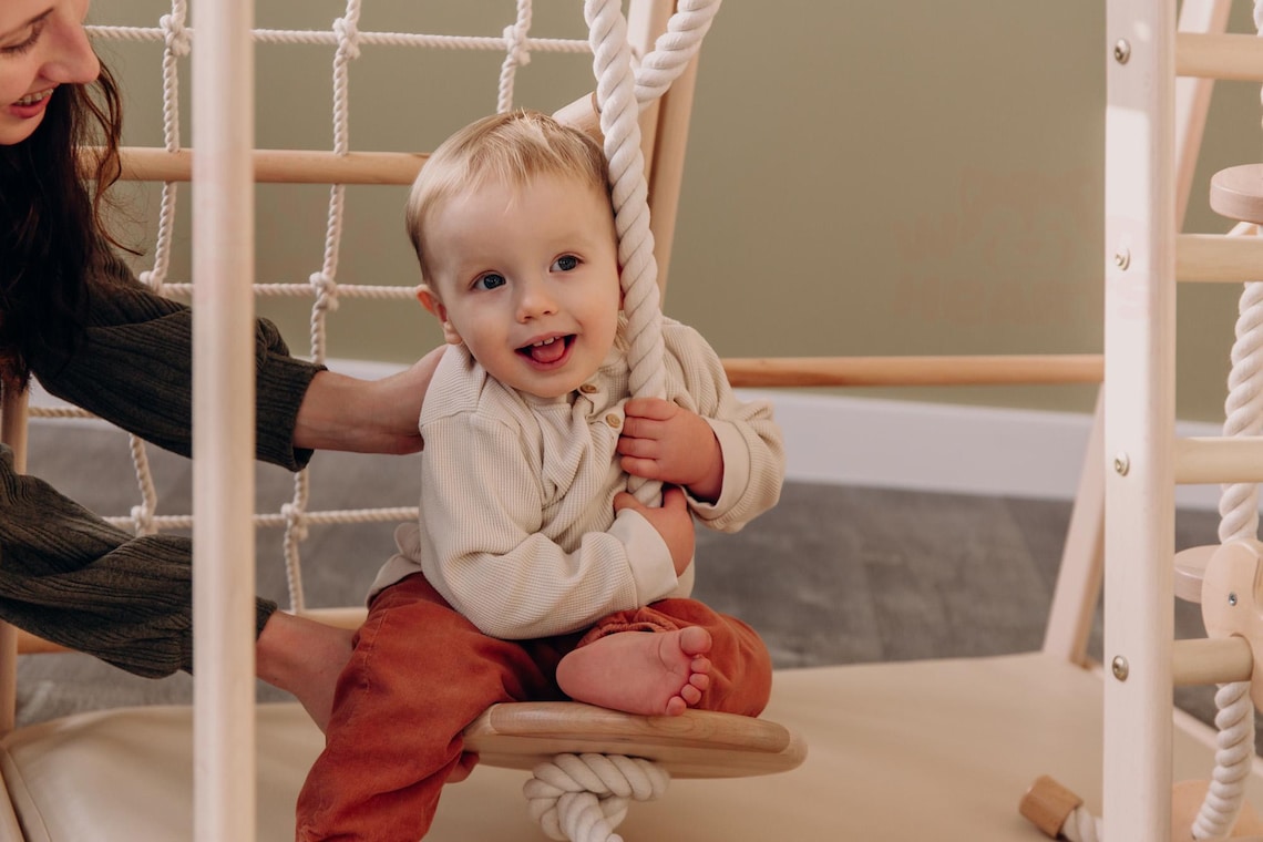 55х42″ Up to 4 Years Wooden Gym, Scandinavian Play Complex: Rocking Ramp, Climbing Rope, Monkey Bars, Gymnastic rings, Kids Swing, Play Mat image 6